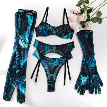 Tie Dye Print Lingerie - Ensemble érotique 5 pièces avec jarretière, gants et bas