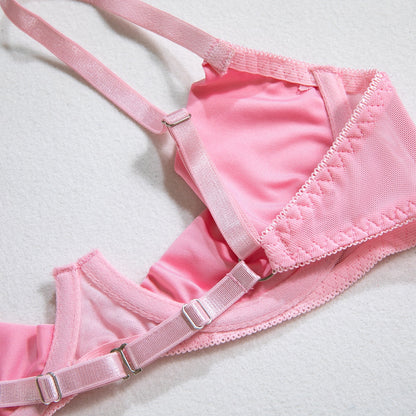 Uniform Lingerie Set with Cutouts - Flirty Backless Panties in Pink with Seductive Garter Set