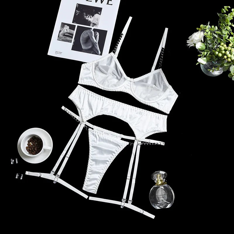 Women's 3 Piece Mesh Bra Set Chain White Transparent Lingerie Set Panties and Garter Underwear Set