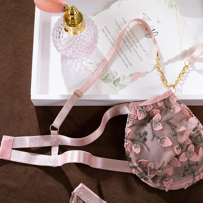 Florales Halter-Ketten-Lingerie-Set für Damen, Sexy BH + Höschen Unterwäsche-Set, Erotisches Set, Sinnliches Strumpfband-Set