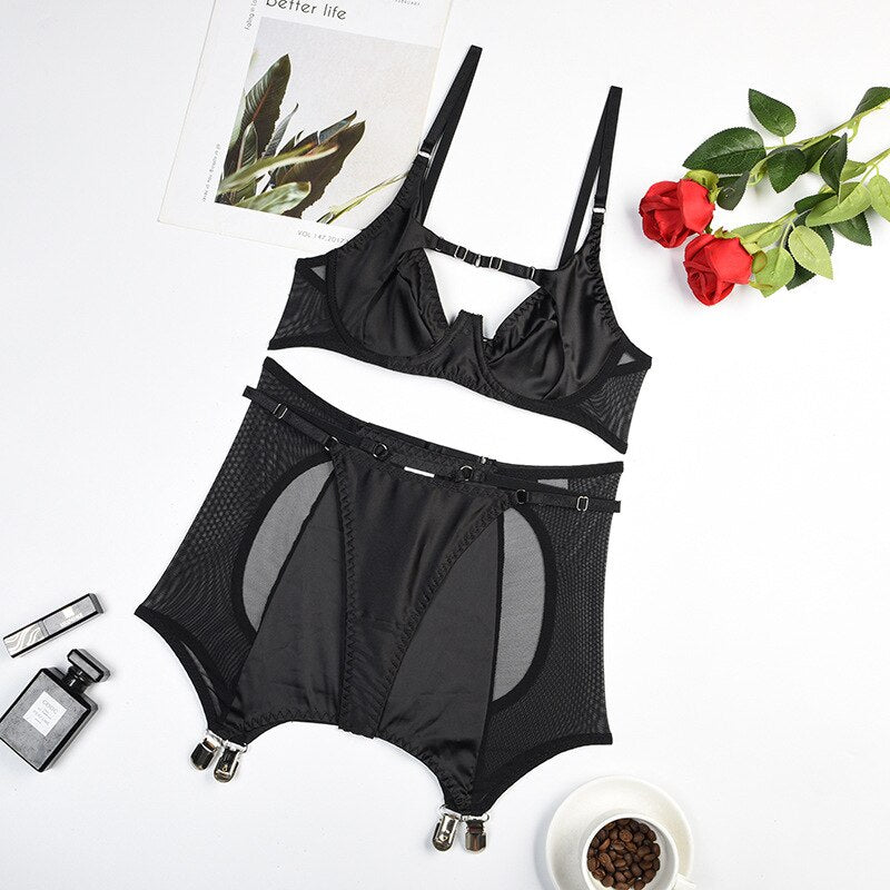 Ensemble de lingerie 3 pièces pour femme avec culotte dos nu et patchwork de maille