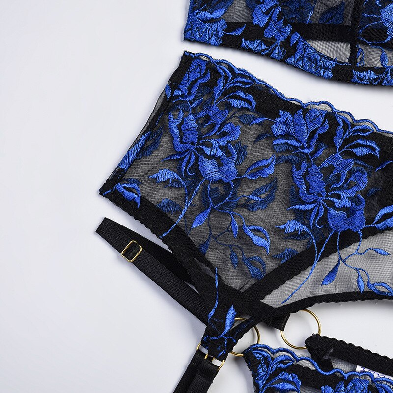 3 Piece Floral Embroidery Lingerie Set for Women Blue Sexy Erotic Set Vintage Suspender Belt and Briefs