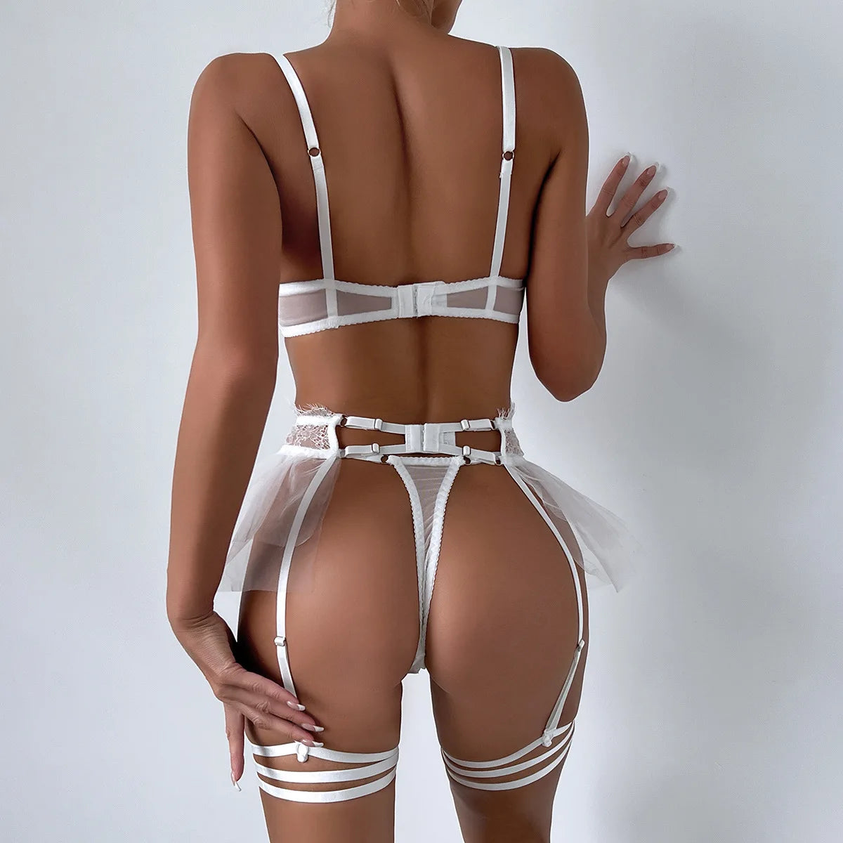 Transparentes Mesh-Spitzen-Lingerie-Set für Damen, 4 Farben, BH+Höschen Unterwäsche-Set, Phantasievolles Sexy Erotisches Strumpfband-Set