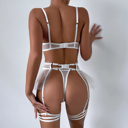 Transparentes Mesh-Spitzen-Lingerie-Set für Damen, 4 Farben, BH+Höschen Unterwäsche-Set, Phantasievolles Sexy Erotisches Strumpfband-Set