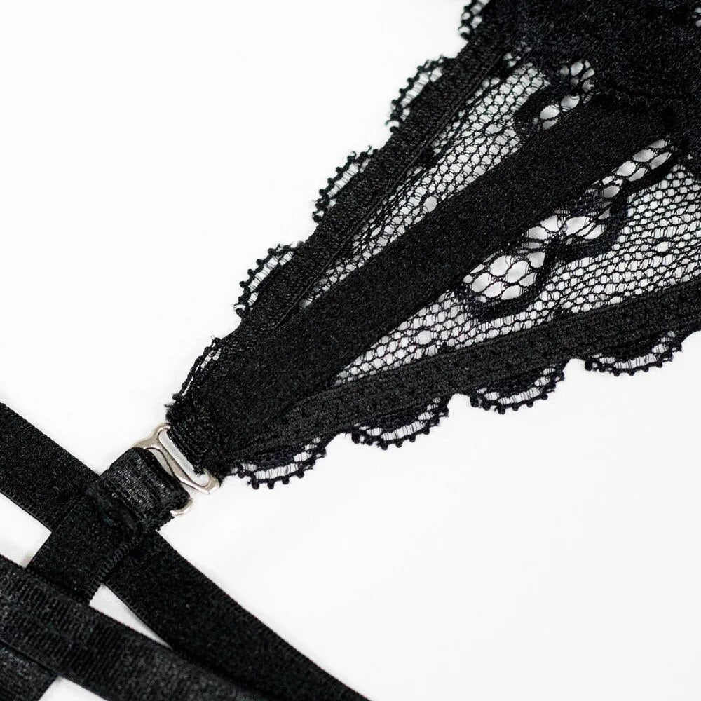 Cut Out Sheer Lace Lingerie for Women, Gothic Flirting Erotic Set with Sexy Halter Garter Set and Panties