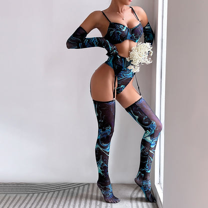 Tie Dye Print Lingerie - Ensemble érotique 5 pièces avec jarretière, gants et bas