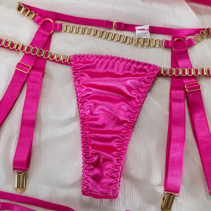 Metallketten-Dessous-Set für Damen, Choker, 4 Farben, Strapsgürtel-Kit, Satin Club Unterwäsche-Set