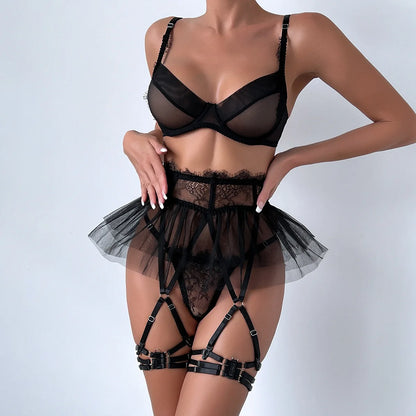 Ensemble de Lingerie en dentelle et maille transparente pour femmes, 4 couleurs, soutien-gorge + culotte, ensemble de sous-vêtements, ensemble de jarretelles érotiques fantaisie et Sexy