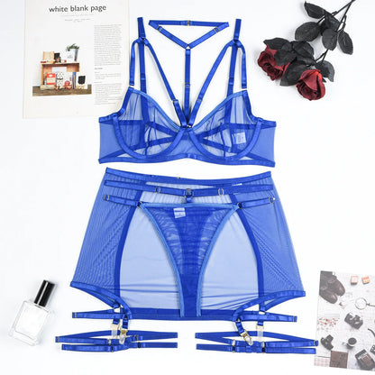 Durchsichtiges Mesh-Halter-Lingerie-Set für Damen, 4-teiliges Sexy Erotisches Set, 7 Farben, Slip-Unterwäsche-Set