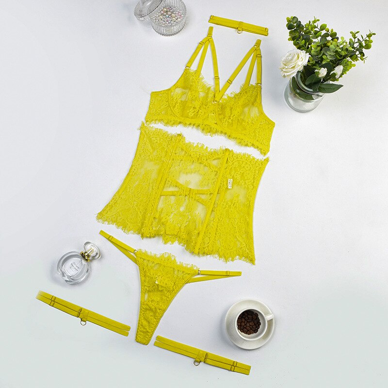 5-teiliges Transparentes Spitzen-Dessous-Set für Damen: Choker, Rückenfreier Slip, Unterwäsche-Set