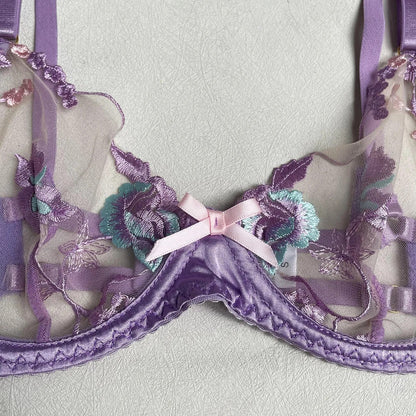 Floral Embroidery Lingerie Set for Women, Elegant Sexy See Through Erotic Bra and Panties Underwear Set with Ruched Garter Set