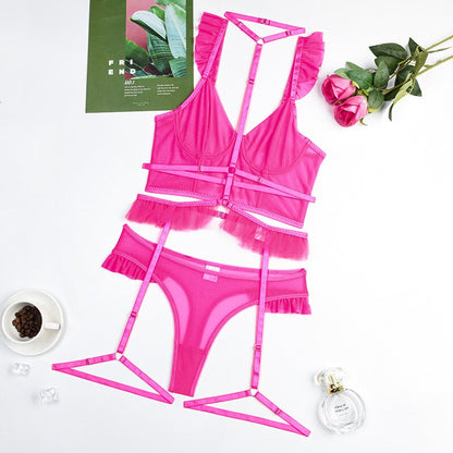 Ensemble de lingerie licou à bretelles à volants pour femmes : ensemble de sous-vêtements sexy de couleur unie, ensemble érotique en maille, slip sensuel, porte-jarretelles