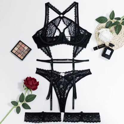 Cut Out Sheer Lace Lingerie for Women, Gothic Flirting Erotic Set with Sexy Halter Garter Set and Panties