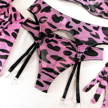 Leopard Print Lingerie Set for Women, 5 Piece Sensual Bra + Panties Underwear Set with Stockings and Gloves, Sexy Erotic Set