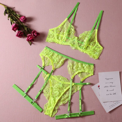 Florales Stickerei-Dessous-Set für Damen, 3-teilig, Neon-Grün, modisches Sexy-Erotik-Set, Strapsgürtel und Slip