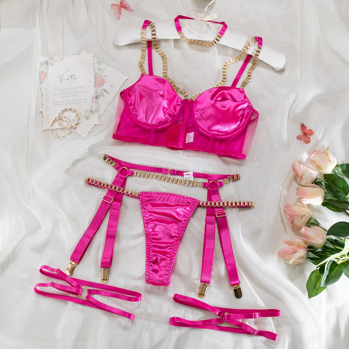 Metallketten-Dessous-Set für Damen, Choker, 4 Farben, Strapsgürtel-Kit, Satin Club Unterwäsche-Set