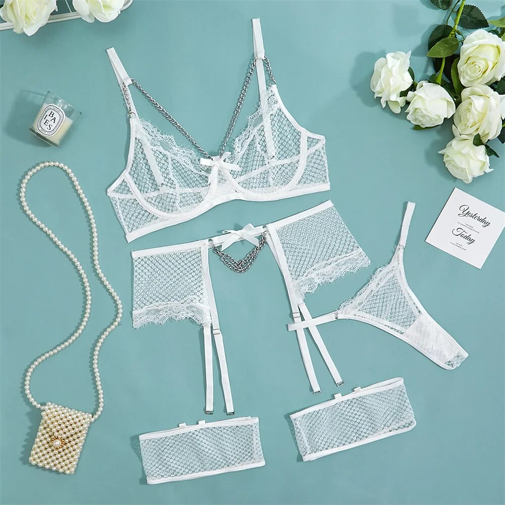 Ensemble de lingerie en dentelle 4 pièces pour femmes, ensemble exotique sexy 12 couleurs, chaîne, nœud, jarretière fantaisie et slip