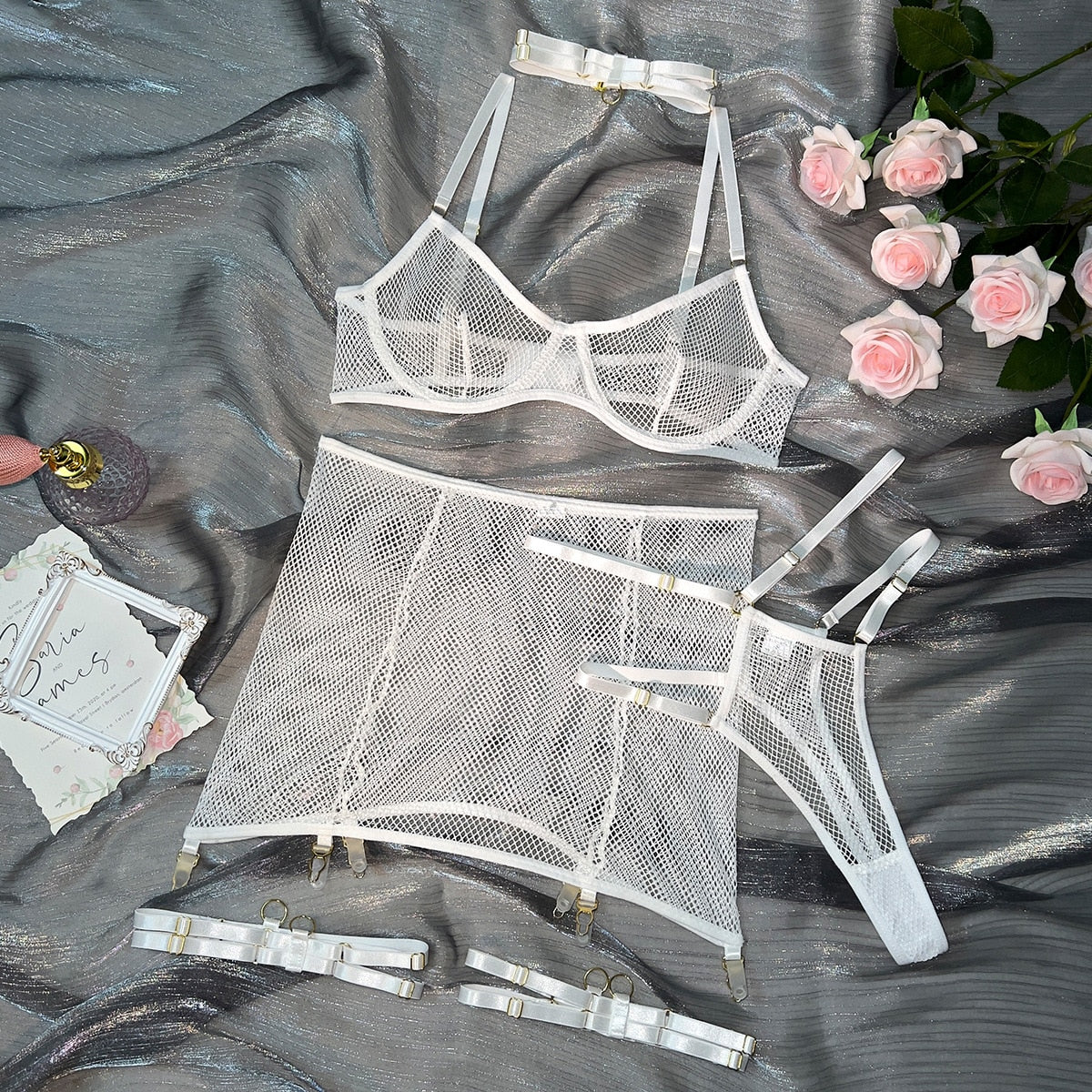 Mesh lingerie set for women: 5 pieces, transparent bra + panties, choker, suspenders