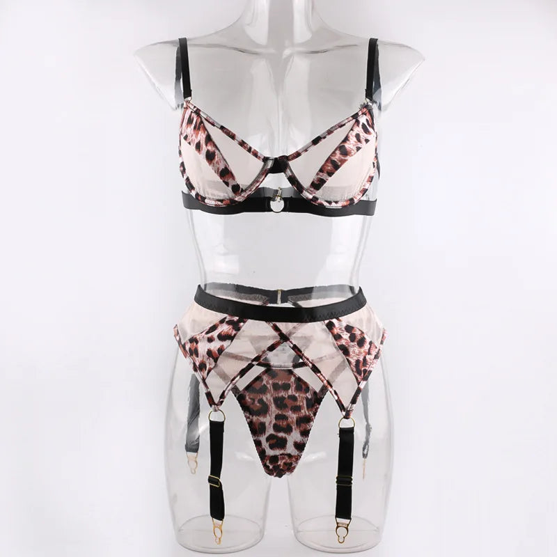 Leopard Lingerie Sinnliches Unterwäsche-Set, 3-teilig, Mesh-Patchwork Intimates, Transparenter BH und Höschen-Set, Erotisches Outfit