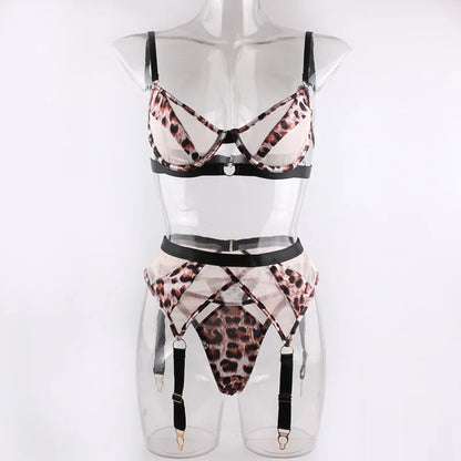 Leopard Lingerie Sinnliches Unterwäsche-Set, 3-teilig, Mesh-Patchwork Intimates, Transparenter BH und Höschen-Set, Erotisches Outfit