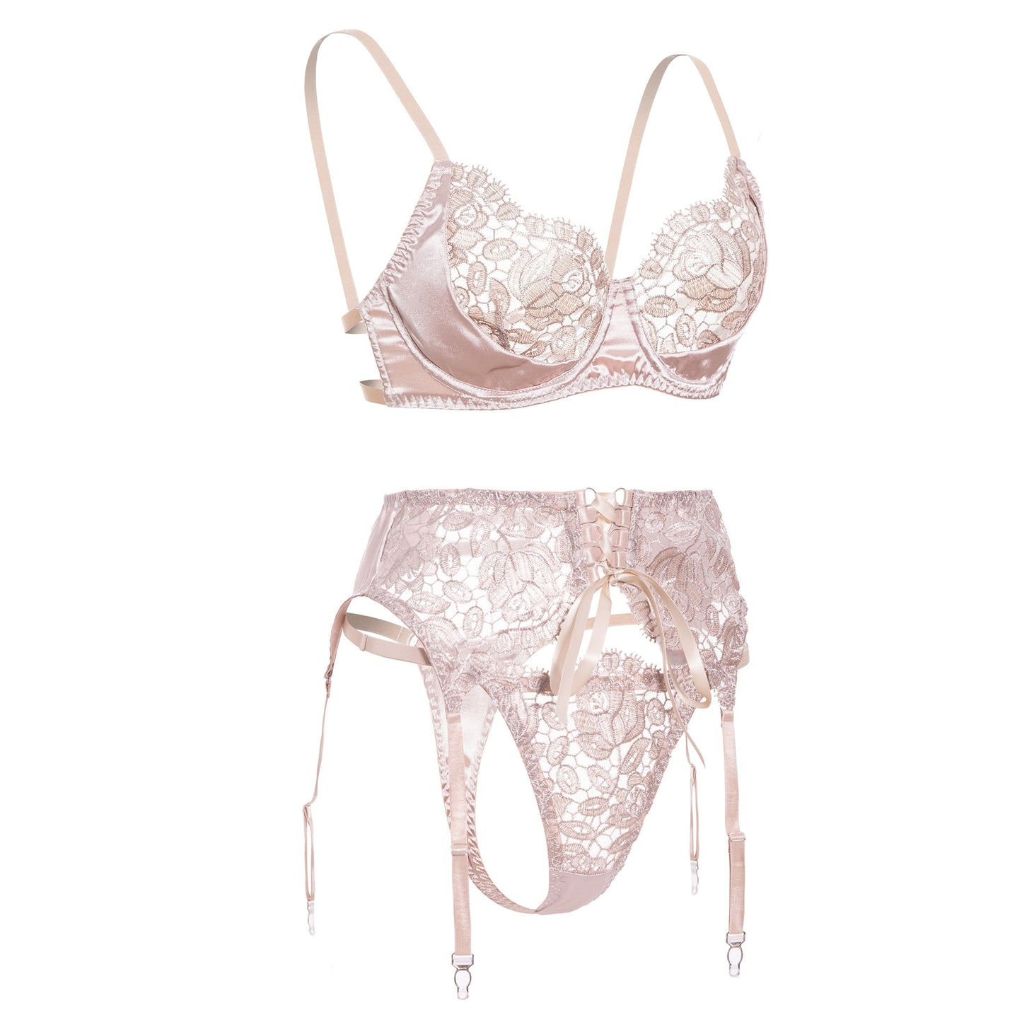 Ensemble de lingerie brodé floral pour femmes, ensemble érotique sexy en patchwork de dentelle 3 pièces avec porte-jarretelles et slips