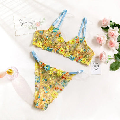 Florales Stickerei-Lingerie-Set für Damen, 2-teiliges Sexy Durchsichtiges BH + Höschen Unterwäsche-Set, Sinnliche Dessous