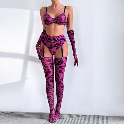 Ensemble de lingerie imprimé léopard pour femme avec gants et bas sexy, ensemble de sous-vêtements de soutien-gorge érotique 5 pièces