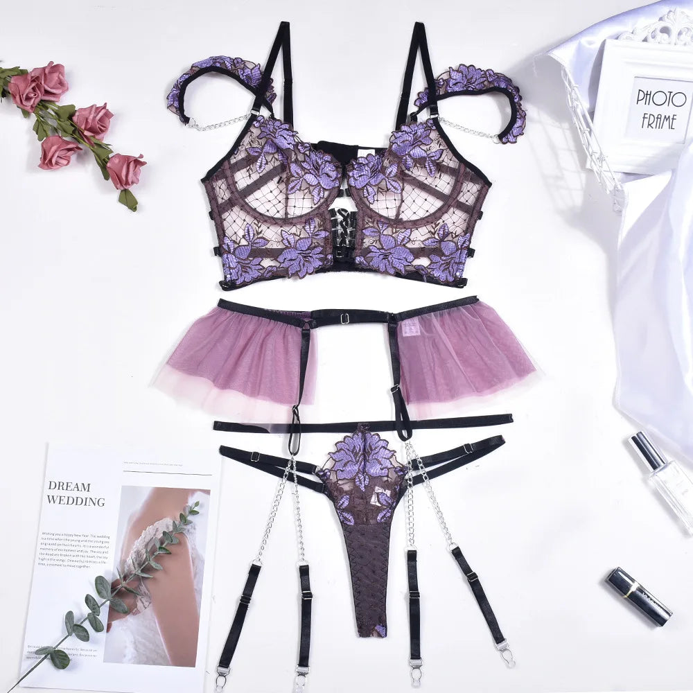 Schulterfreies Florales Stickerei-Lingerie-Set für Damen, Kette Erotisches Set, Luxuriöses Mesh Ballkleid Slip-Set