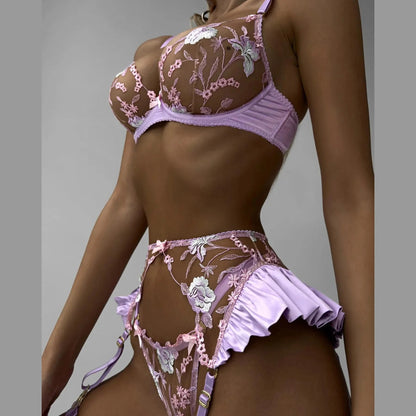 Floral Embroidery Lingerie Set for Women, Elegant Sexy See Through Erotic Bra and Panties Underwear Set with Ruched Garter Set