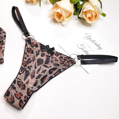 3-teiliges Leopard Mesh Dessous-Set für Damen: Vintage Sexy Exotik-Set mit Ring-Schleife, Fantasie Strumpfband und Slip