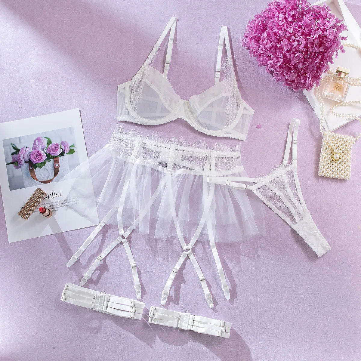 Transparentes Mesh-Spitzen-Lingerie-Set für Damen, 4 Farben, BH+Höschen Unterwäsche-Set, Phantasievolles Sexy Erotisches Strumpfband-Set