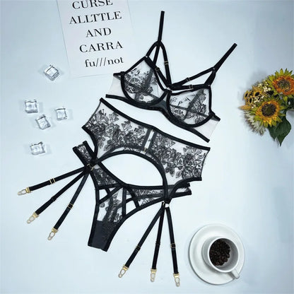 3-teiliges Transparentes Spitzen-BH-Set für Damen, Bandage Sexy Lingerie-Set, Damen Florales Schwarzes Unterwäsche-Set