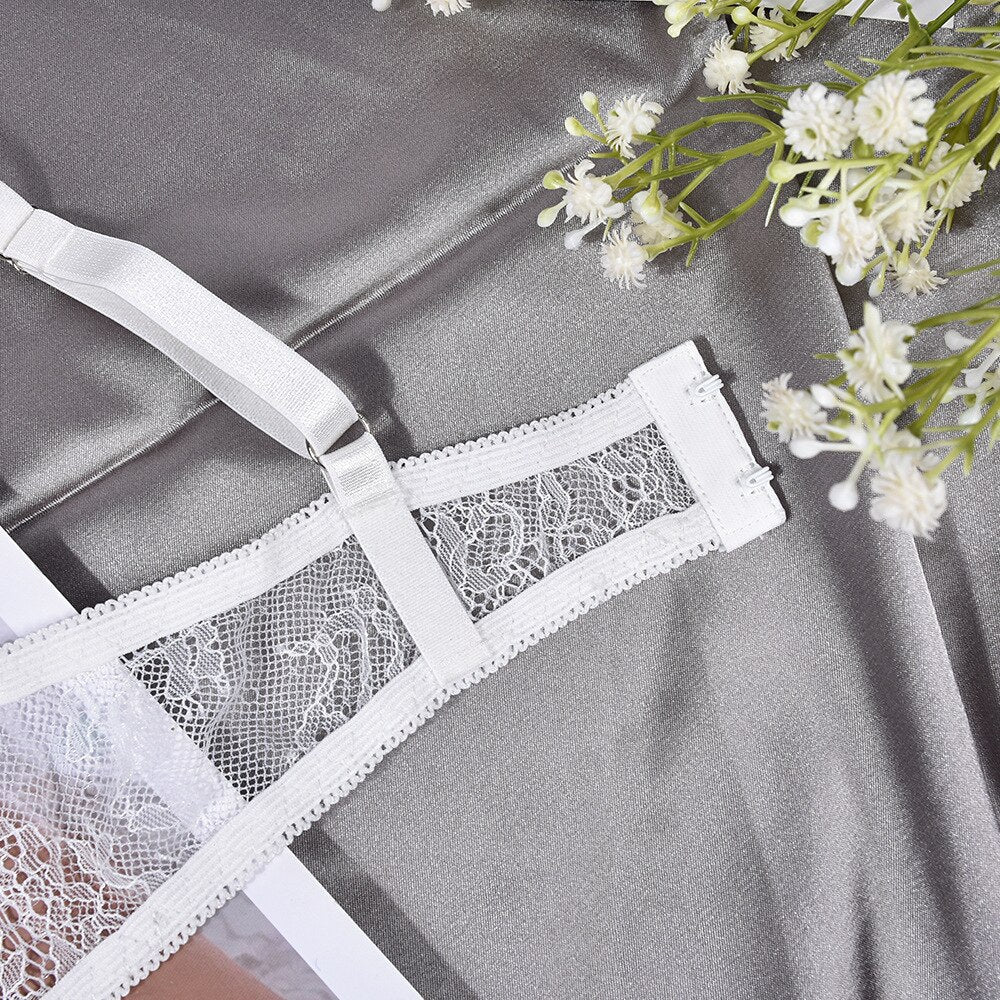 Durchsichtiges Spitzen-Dessous-Set für Damen mit funkelnden Strasssteinen - 4-teiliges Set inklusive Strumpfband und Höschen