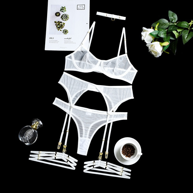 Ensemble soutien-gorge en dentelle 4 pièces en 8 couleurs avec culotte en maille transparente