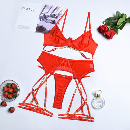 Ensemble exotique 3 pièces en maille en 4 couleurs pour femme : chaîne en métal, ensemble de lingerie sexy transparent avec culotte