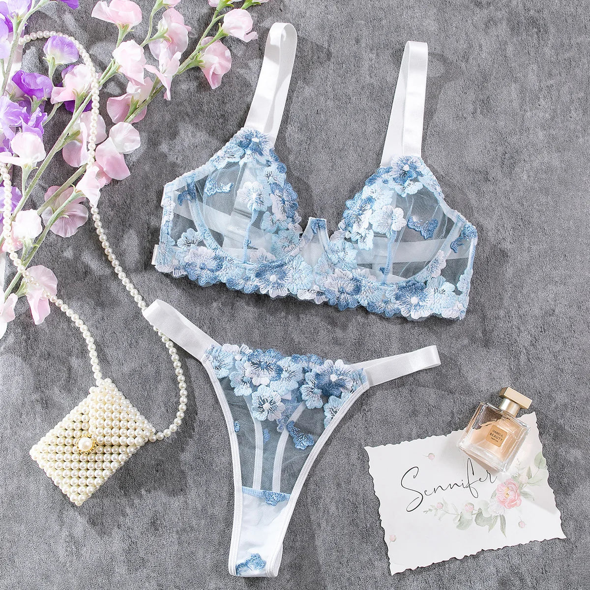 Florales Stickerei-Dessous-Set für Damen, Transparenter BH + Höschen Unterwäsche-Set, 2-teiliges Sexy Lingerie-Kit für den Alltag