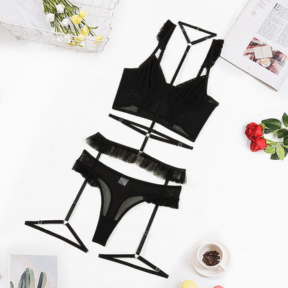 Ensemble de lingerie licou à bretelles à volants pour femmes : ensemble de sous-vêtements sexy de couleur unie, ensemble érotique en maille, slip sensuel, porte-jarretelles