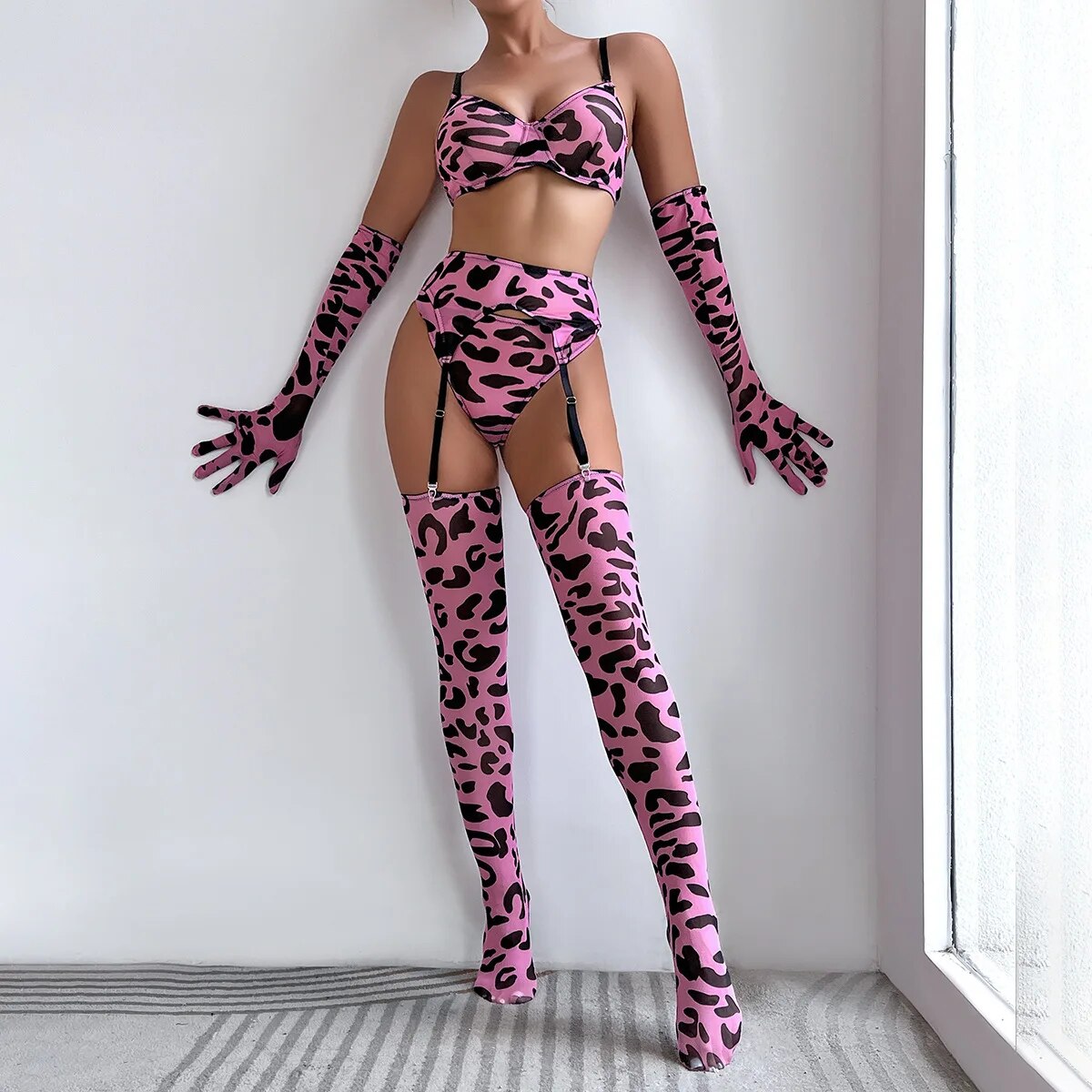 Leopard Print Lingerie Set for Women, 5 Piece Sensual Bra + Panties Underwear Set with Stockings and Gloves, Sexy Erotic Set