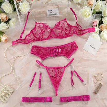 3 Piece Embroidery Lingerie Set for Women 4 Colors Transparent Exotic Sets Chain Sexy Garter G-string Set