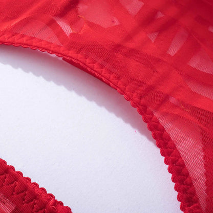 5-teiliges Bandage-Lingerie-Set für Damen, Rotes Exotisches Set, Phantasievolles Transparentes Mesh, Sexy Strumpfband-Set