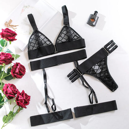 Kariertes Lingerie-Set für Damen in 3 Farben, Sexy Durchsichtiges Erotisches V-Ausschnitt Drahtloses BH-Unterwäsche-Set mit Strumpfband-Slip