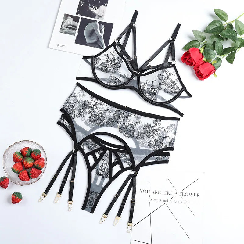 3-teiliges Transparentes Spitzen-BH-Set für Damen, Bandage Sexy Lingerie-Set, Damen Florales Schwarzes Unterwäsche-Set