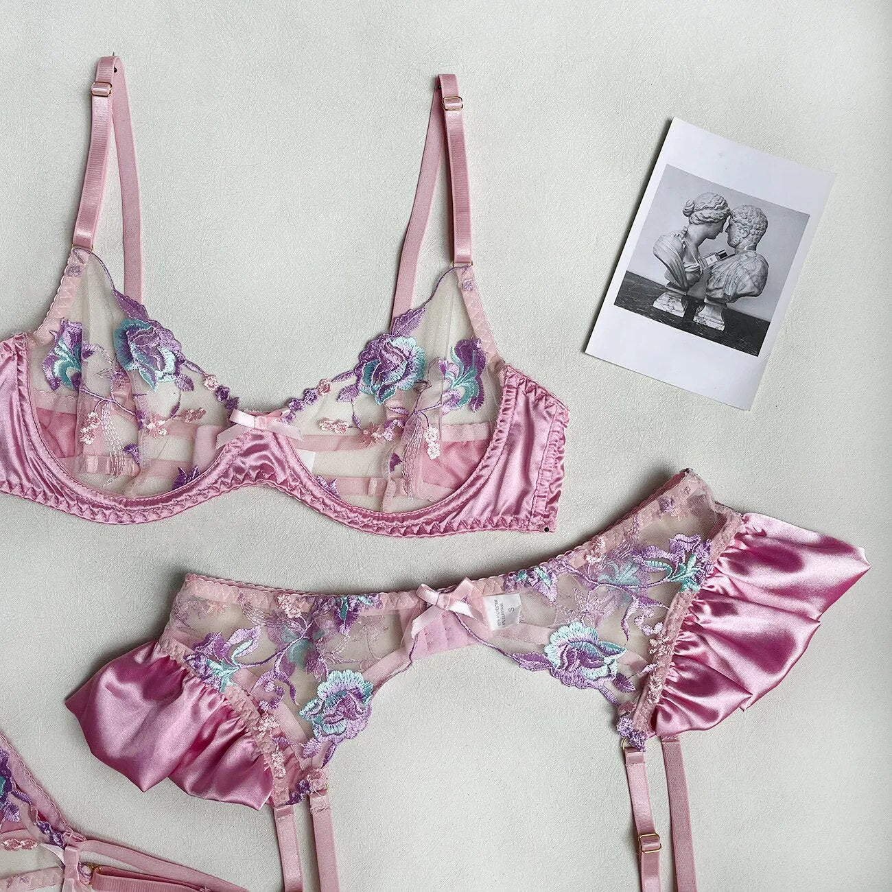 Florales Stickerei-Lingerie-Set für Damen, Elegantes Sexy Durchsichtiges Erotisches BH und Höschen Unterwäsche-Set mit Gerafftem Strumpfband-Set