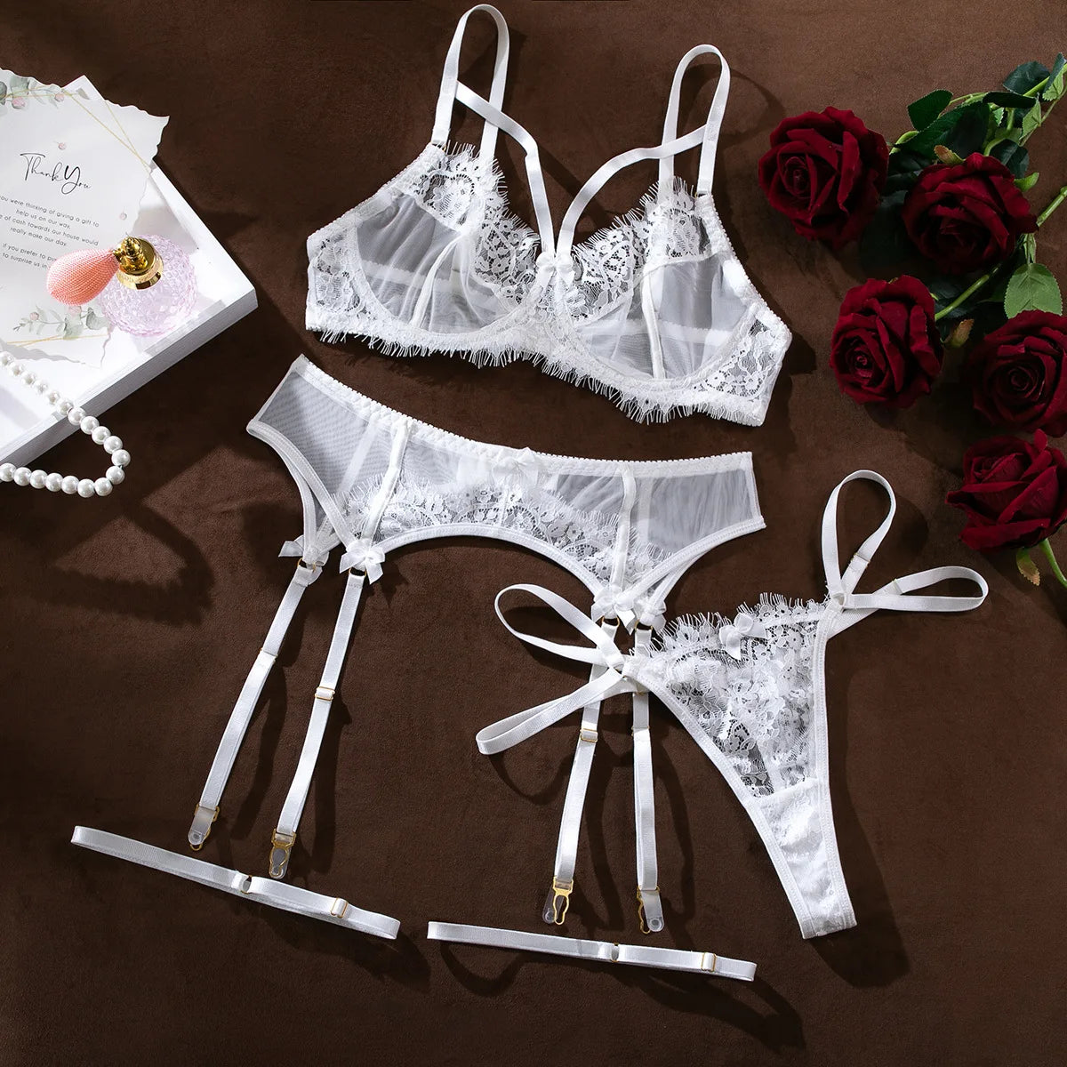 Durchsichtiges Spitzen-Set für Damen, Florales Mesh-Patchwork BH + Höschen Unterwäsche-Set, Sexy Strumpfband-Set