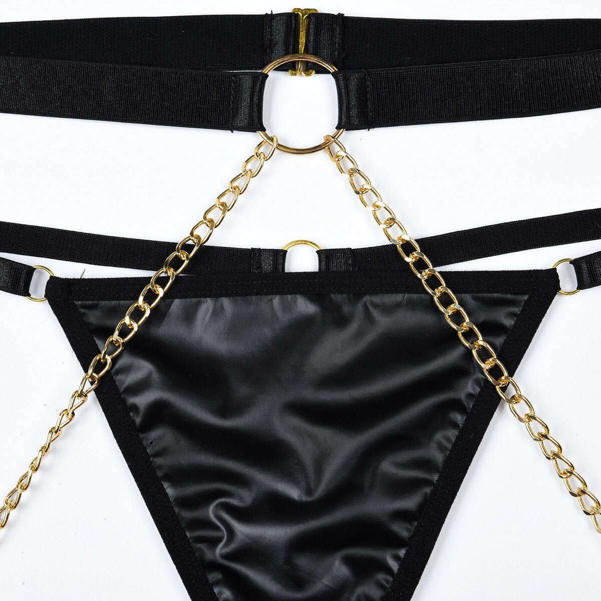 3-piece PU leather lingerie set with black chain strap