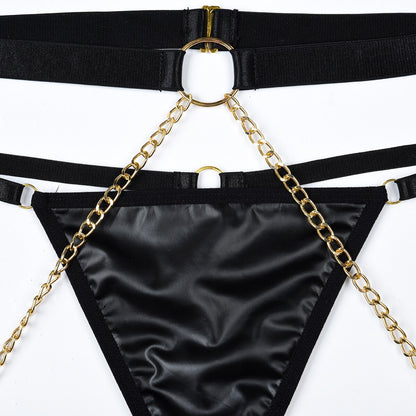 3-piece PU leather lingerie set with black chain strap