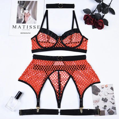 Contrast Mesh Sheer Erotic Lingerie Set with Choker, 5 Piece Bra, Thong and Garter Underwear Set