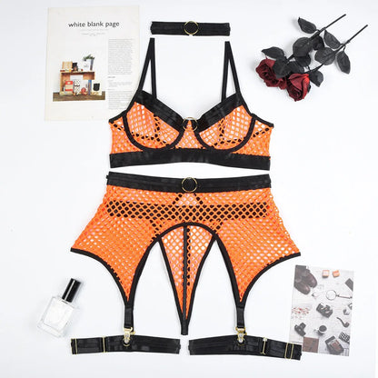 Contrast Mesh Sheer Erotic Lingerie Set with Choker, 5 Piece Bra, Thong and Garter Underwear Set