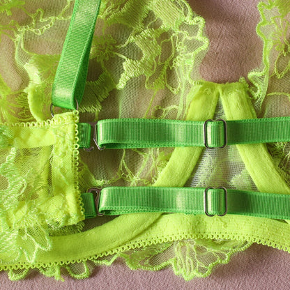 Floral Embroidery Lingerie Set for Women 3 Piece Neon Green Fashion Sexy Erotic Set Suspender Belt and Briefs