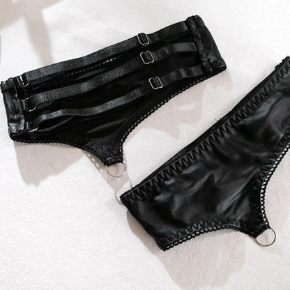 PU-Leder Ausgeschnittenes Lingerie-Set für Damen, Punk-Stil, Sexy BH + Höschen Unterwäsche-Set, Sinnliches Strumpfband-Set